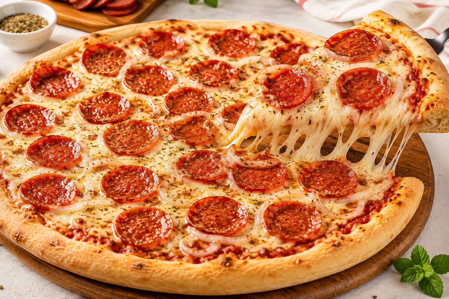 Pizza de calabresa Pizza Mia com queijo derretido e fatia levantada