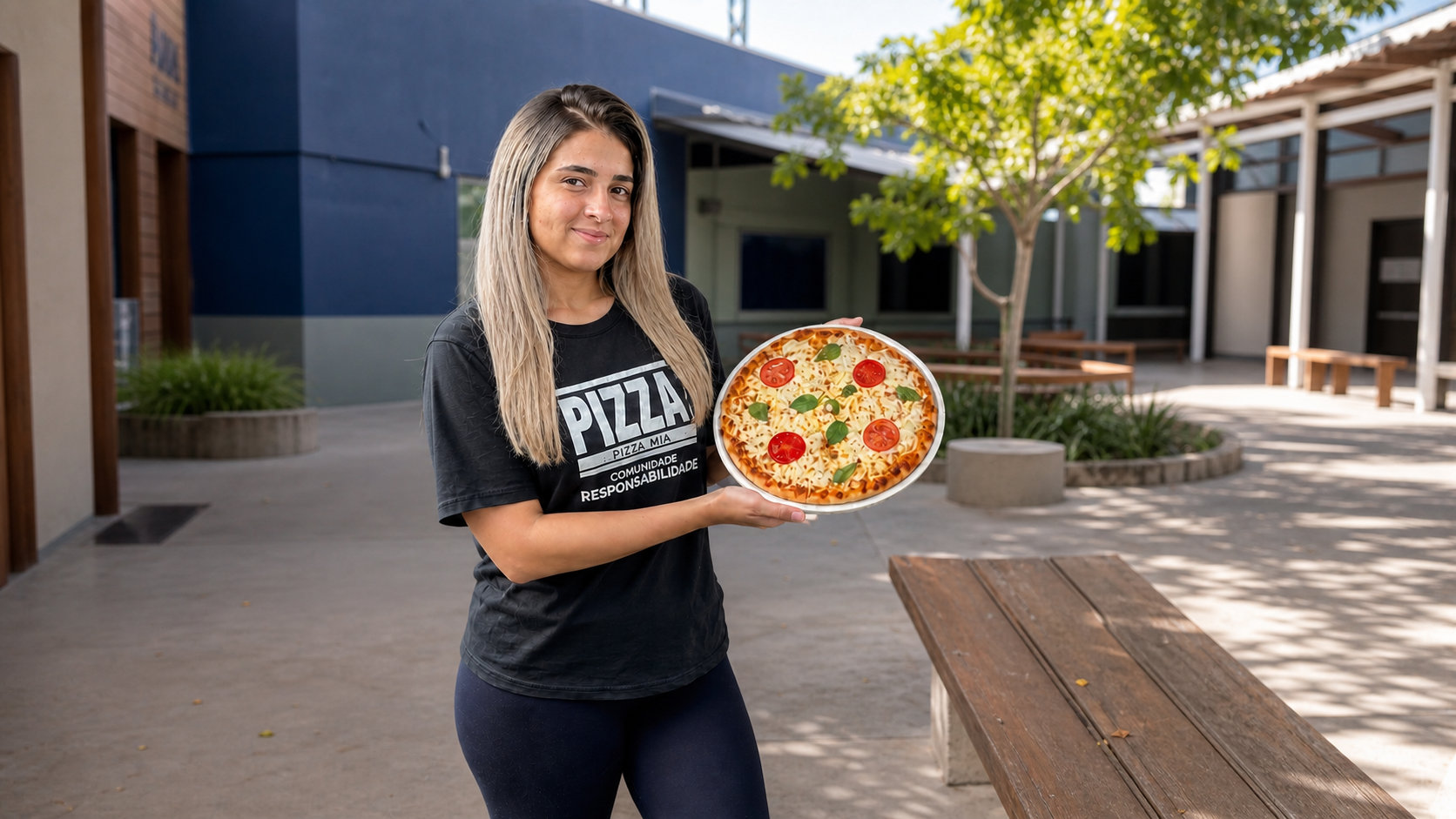 Representante da Pizza Mia Fundraising com uma pizza pré-assada